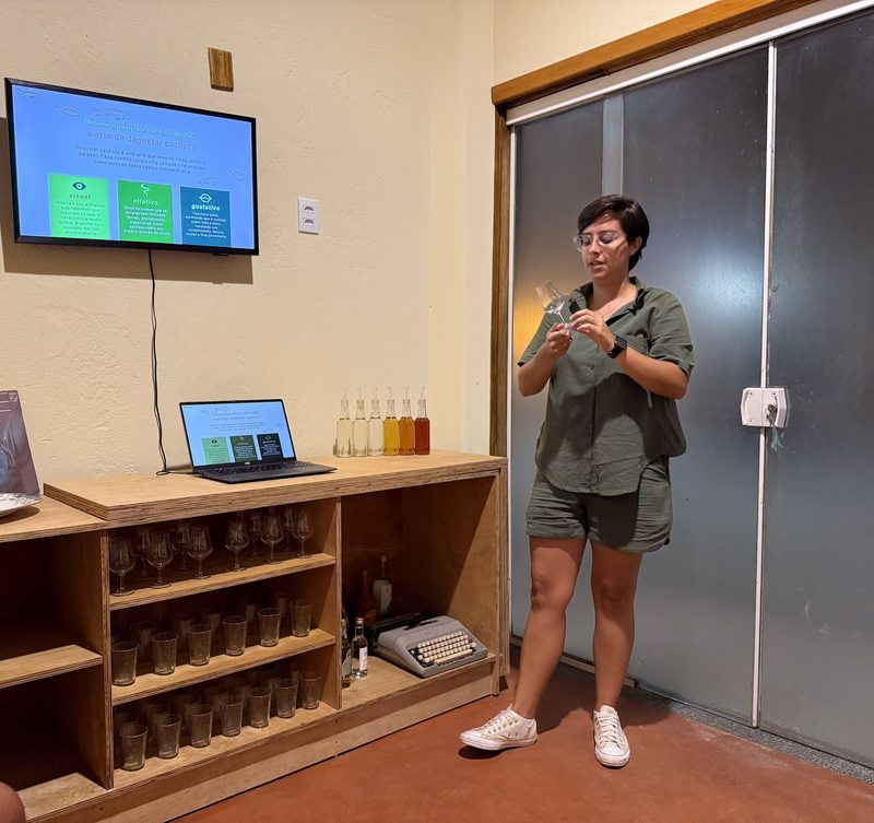 Anfitriã da Engenhoca explica a arte de degustar cachaça diante de uma tela, ao lado das garrafas e da prateleira de copos